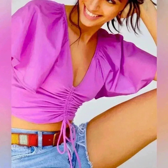 Maeve Tops - Women's Maeve Anthropologie Purple Rouched Butterfly Short Sleeve Blouse Size XS